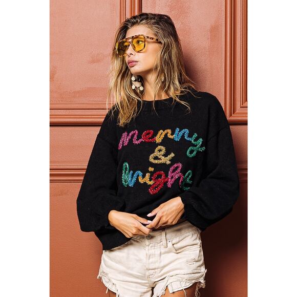 BiBi Black Holiday Christmas Tinsel Lettering Christmas Sweater NEW Large - Picture 7 of 8